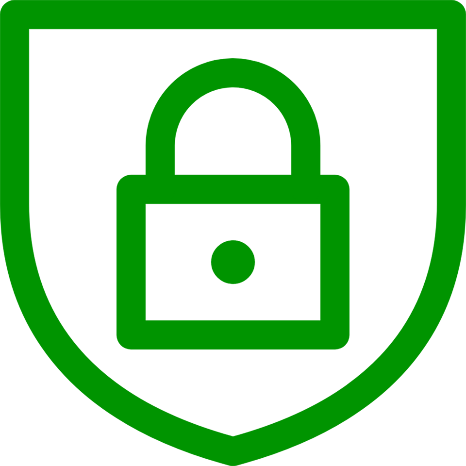Green line icon of a padlock in a shield