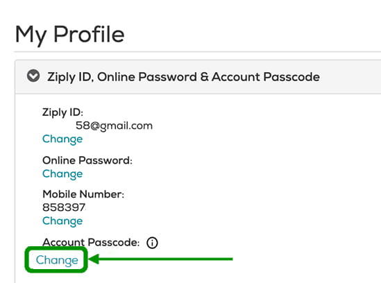 In the Ziply ID, Online Password & Account Passcode section, click Change beneath the Account Passcode section.