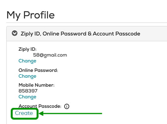 In the Ziply ID, Online Password & Account Passcode section, click Create beneath the Account Passcode section.