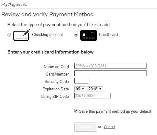 Add a payment method—your credit card or bank account—by filling in the required details.