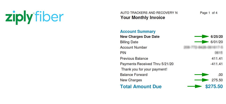 Ziply Fiber business account summary, highlighted