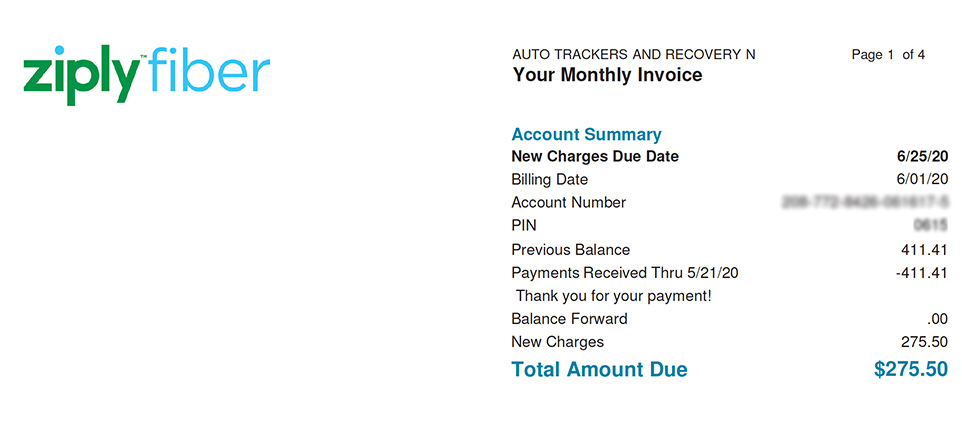 Ziply Fiber small business bill account summary