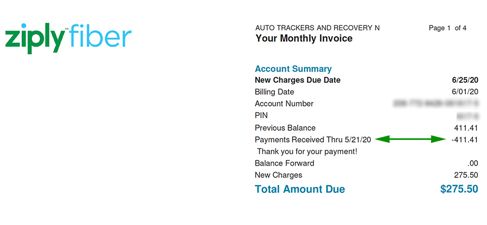 Ziply Fiber business bill, highlighting payment received