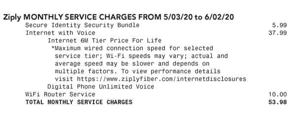 The recurring Monthly Services Charges section on page 3 of a Ziply Fiber bill.