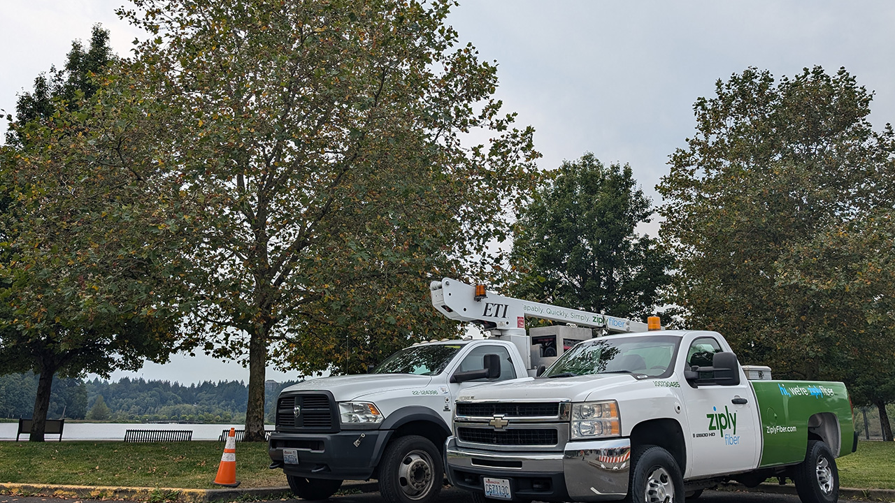 Two Ziply Fiber trucks are ready to install fiber internet