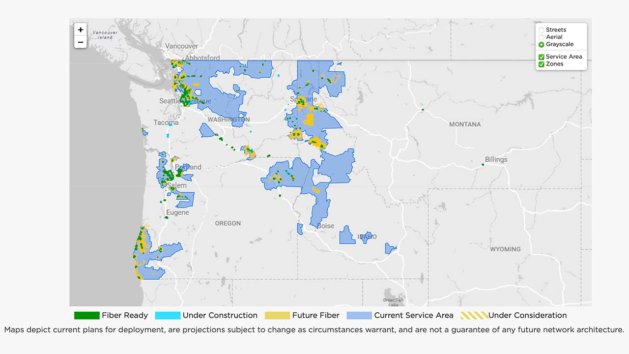 Map of the Pacific Northwest with areas highlighted where Ziply Fiber is expanding access to fiber-optic internet 