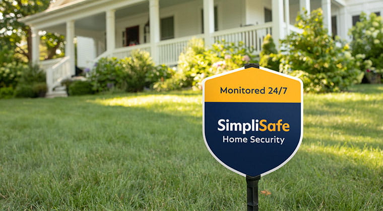 Photo of SimpliSafe sign on the front lawn of a house. 