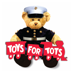 Teddy bear with Toys for Tots train
