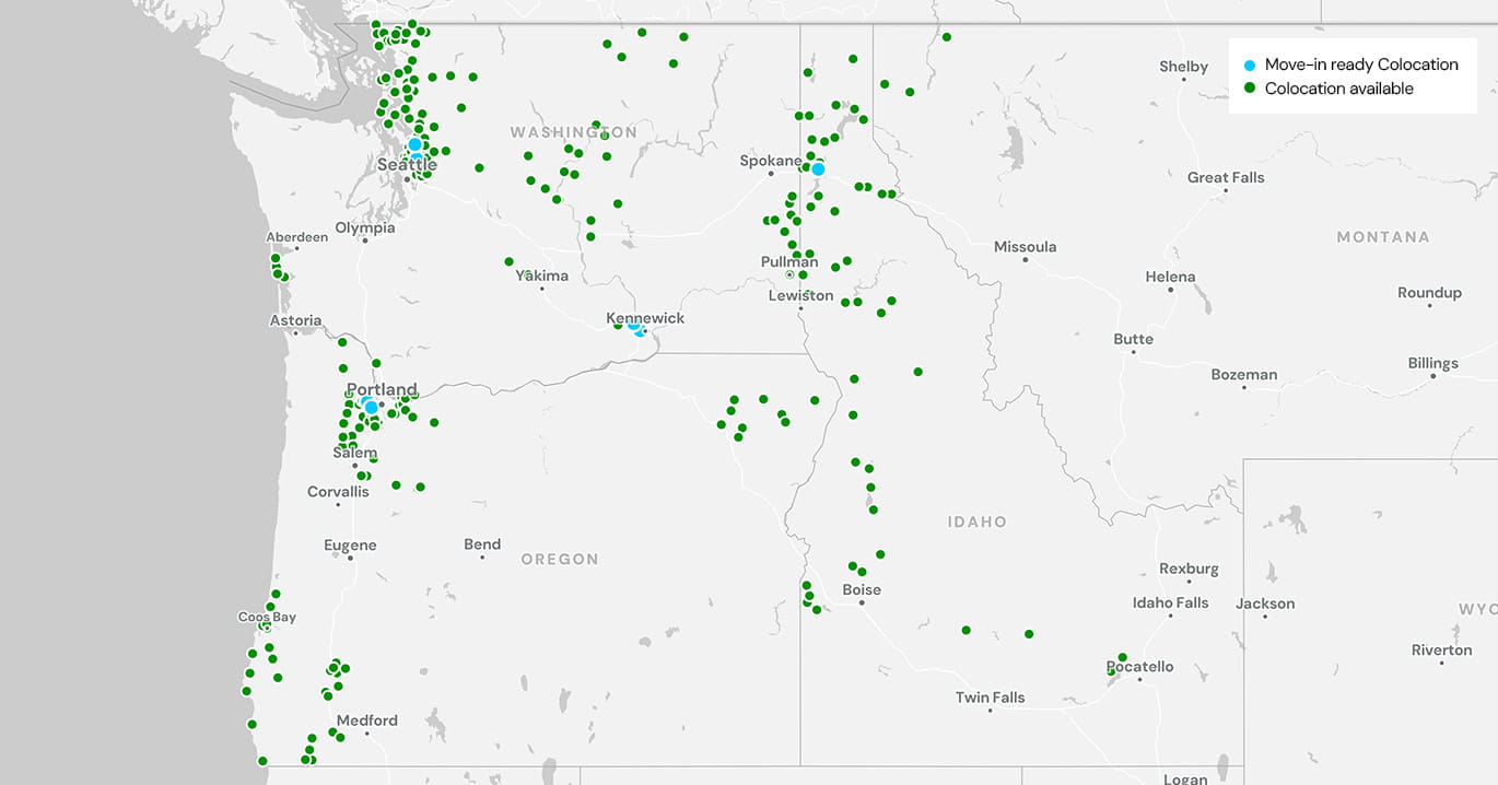 Map reflecting Ziply Fiber's colocation areas