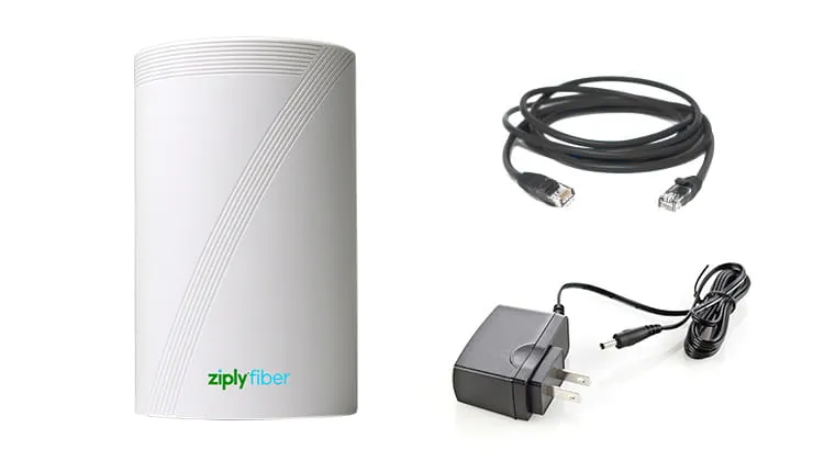 WiFi 7 router, power adapter, and Ethernet cord for Ziply Fiber cutting edge technology