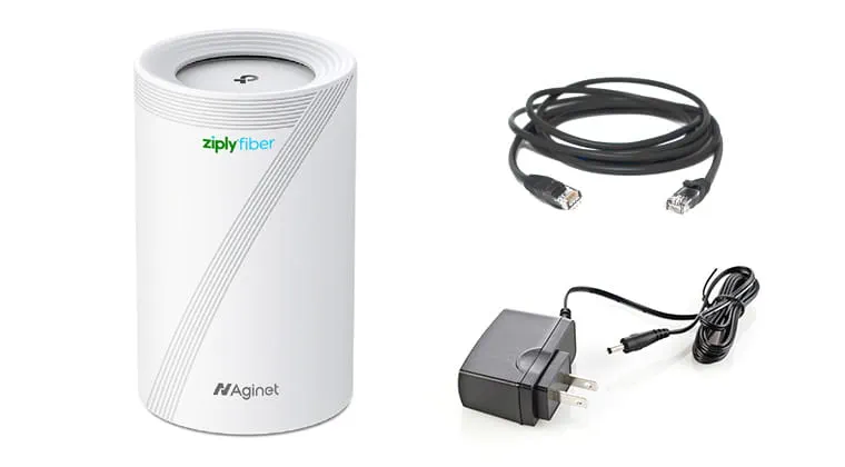 WiFi 7 router, power adapter, and Ethernet cord for Ziply Fiber cutting edge technology