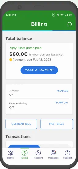 Ziply Fiber app with payment button