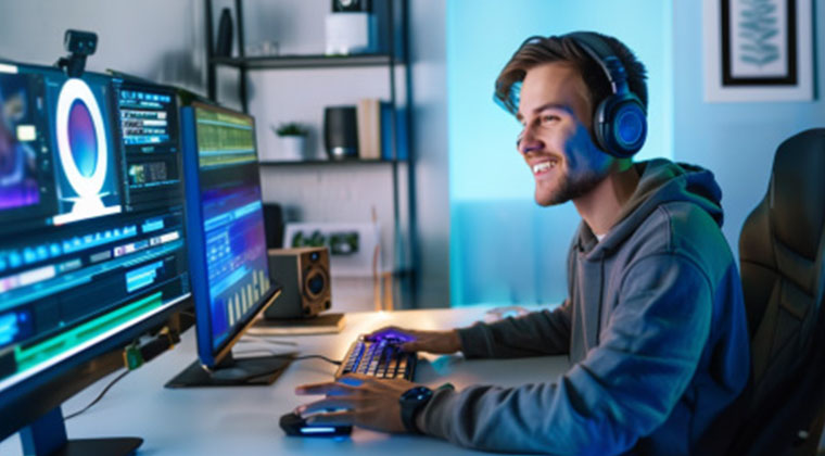 Professional content creator smiles into the camera during a live stream with a new and growing audience, all connected seamlessly over Ziply Fiber internet. 